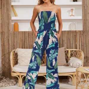Tropical Strapless Smocked Jumpsuit