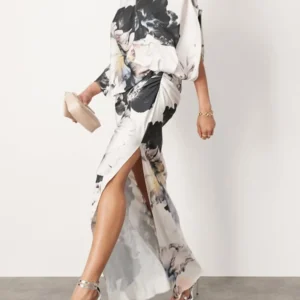 Floral Print One-Shoulder Evening Maxi Dress