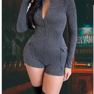 Ribbed Zip-Front Romper