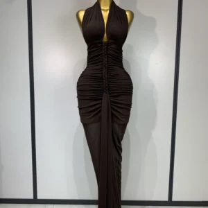 Backless Ruched Halter Maxi Dress