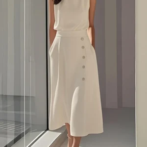 High-Waisted Button-Front Maxi Dress